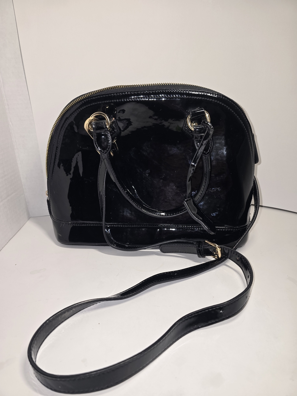 Glossy Patent Crossbody Satchel in Black